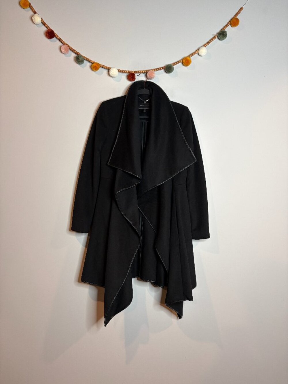 BCBG MaxAzria black wool blend open waterfall wrap coat